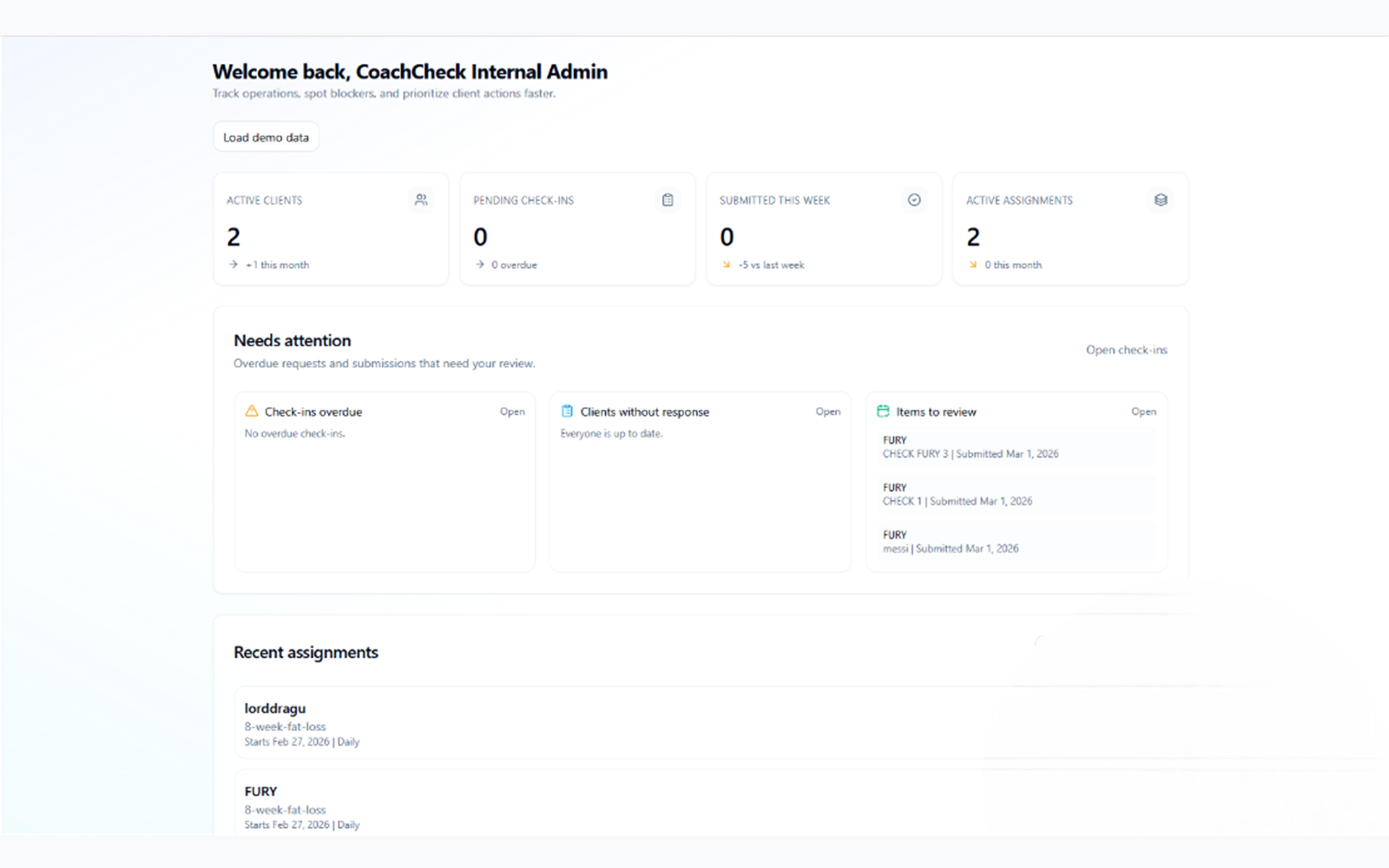 CoachCheck dashboard overview with needs-attention panel